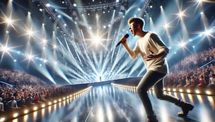 DALL·E 2024-11-26 08.47.39 - A realistic image of a person singing passionately on a large, brightly lit stage at a major televised talent show. The stage is grand, with dynamic l